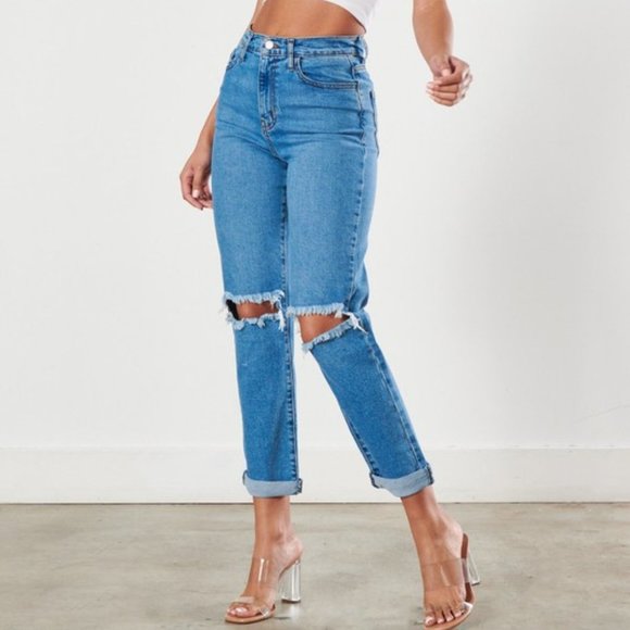 Vibrant Jeans Medium Blue High Waist Boyfriend Distressed Jeans